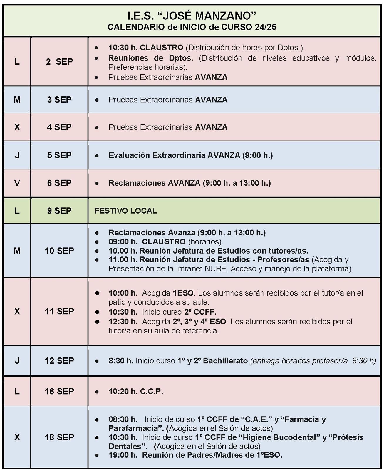 2024 2025 CalendarioInicioCurso